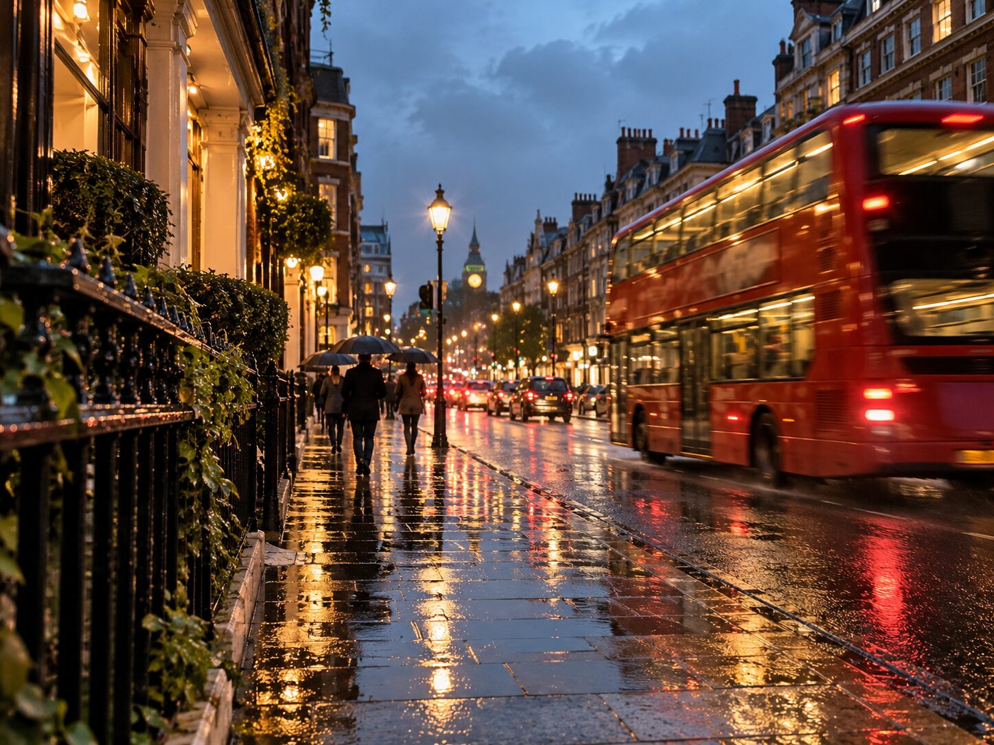 Rainy London street at dusk with a blurred red bus